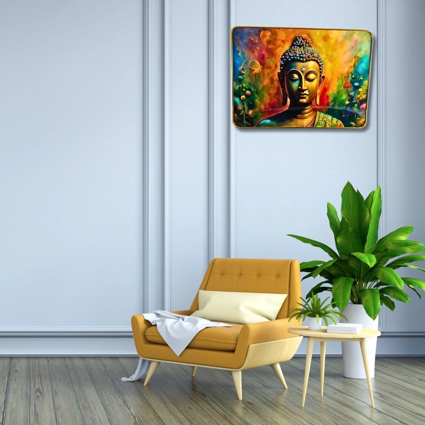 Modern living room with a yellow armchair, side table, and plant, featuring a colorful Buddha painting on the wall.