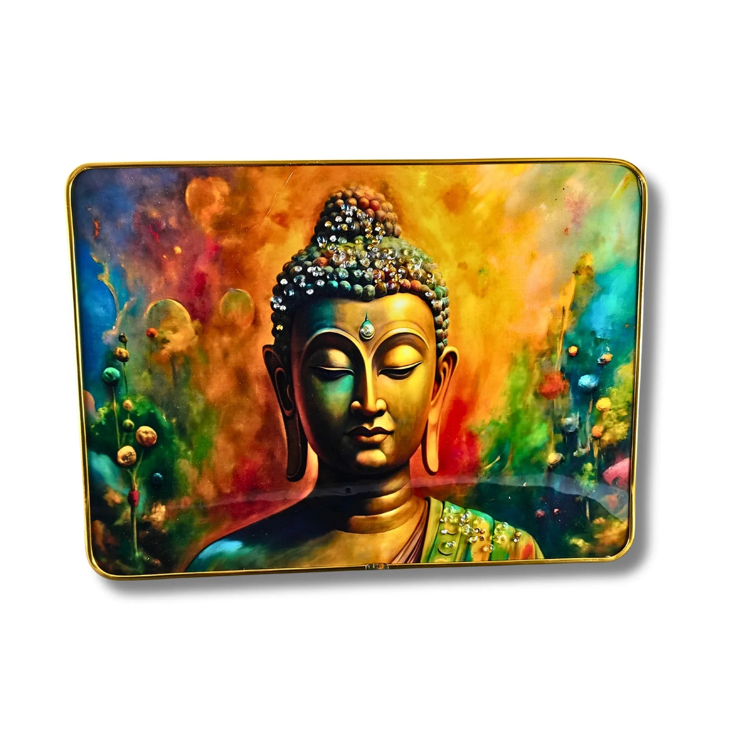Colorful painting of a Buddha figure with a multicolored background