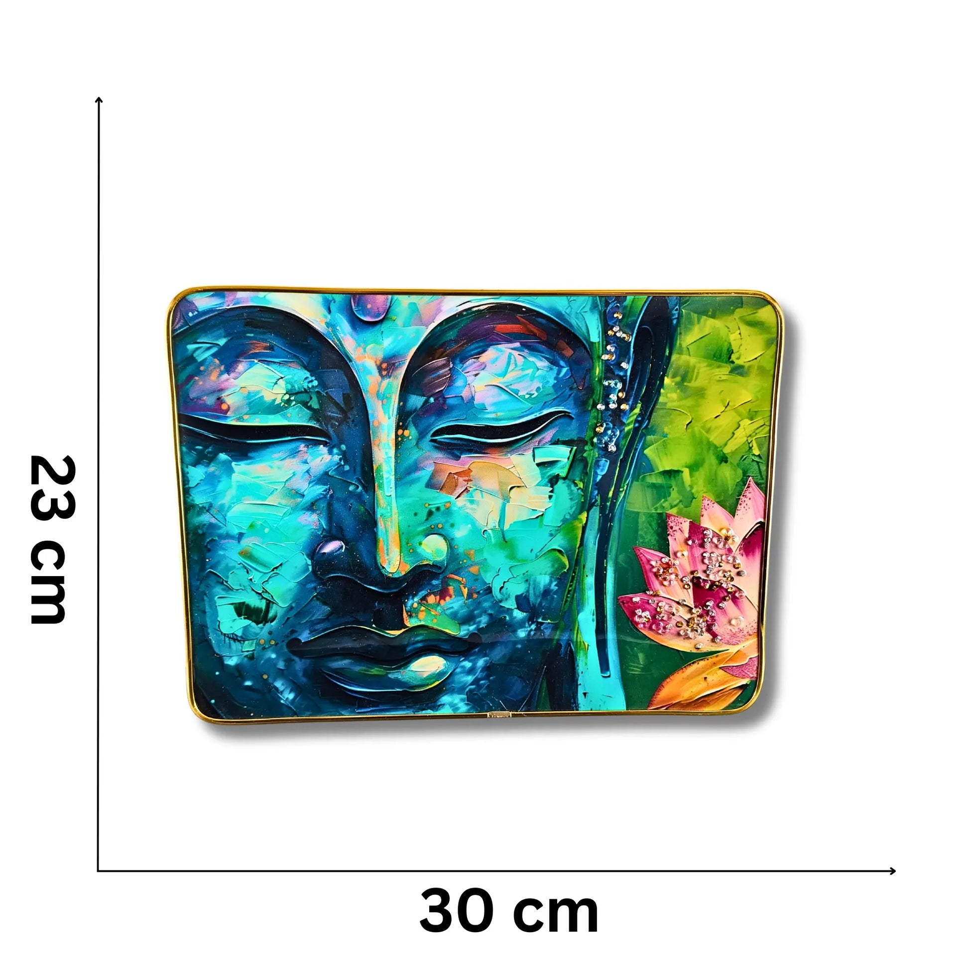 Colorful abstract painting of a face with dimensions indicated on a white background