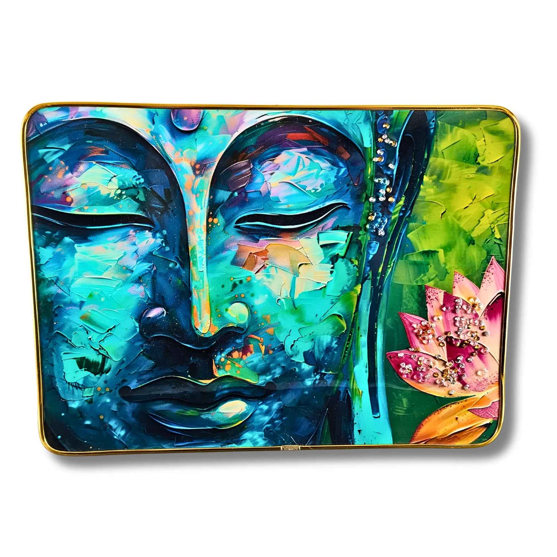 Colorful abstract design with a face and lotus flower on a white background