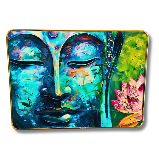 Colorful abstract design with a face and lotus flower on a white background