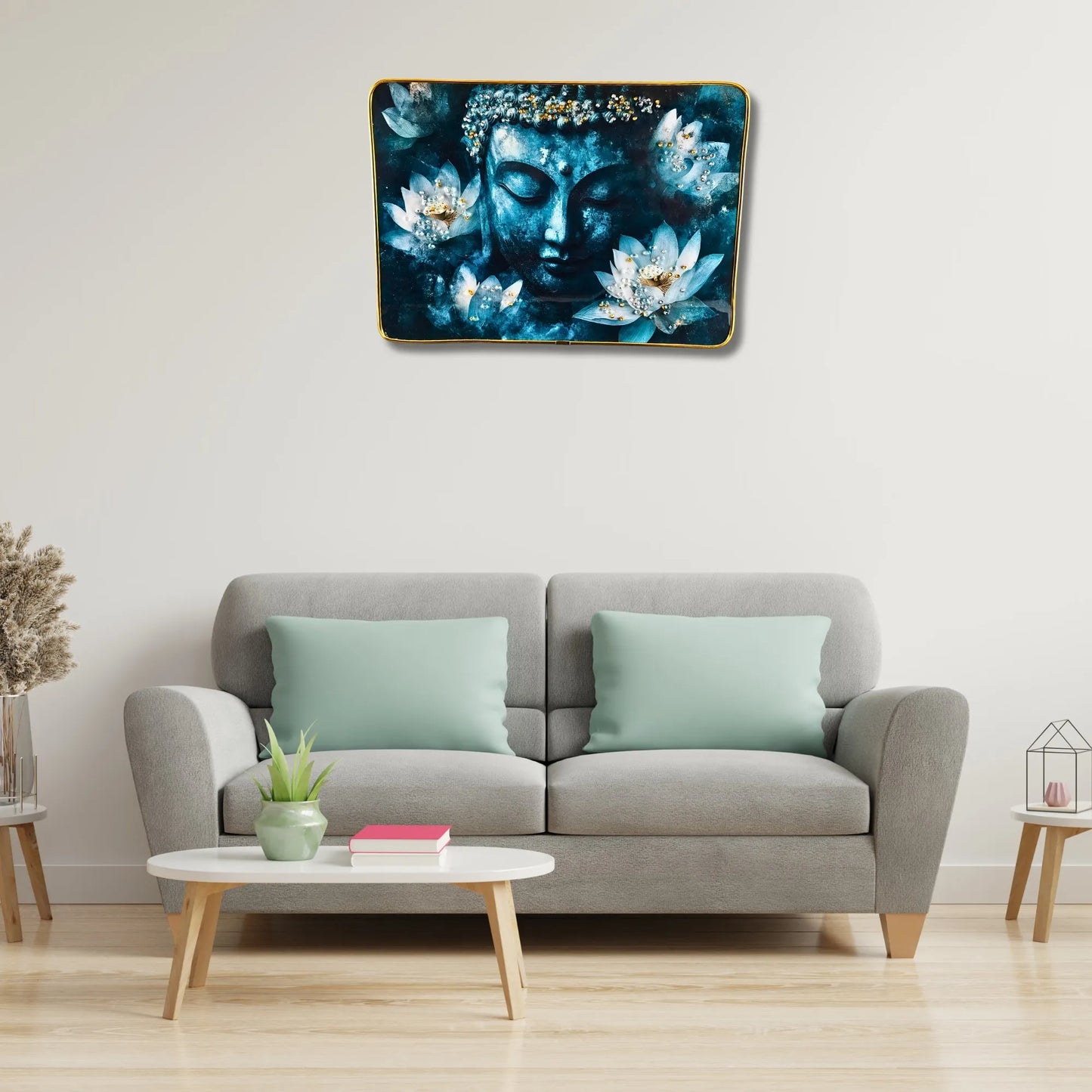 Gray sofa with light green cushions in a living room setting, featuring a wall art piece above.
