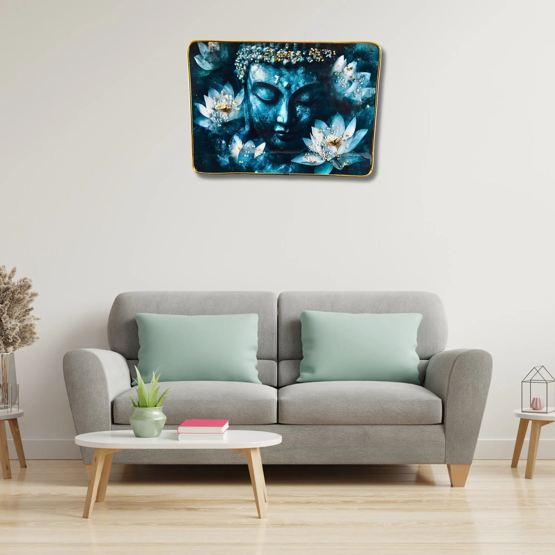 Gray sofa with light green cushions in a living room setting, featuring a wall art piece above.