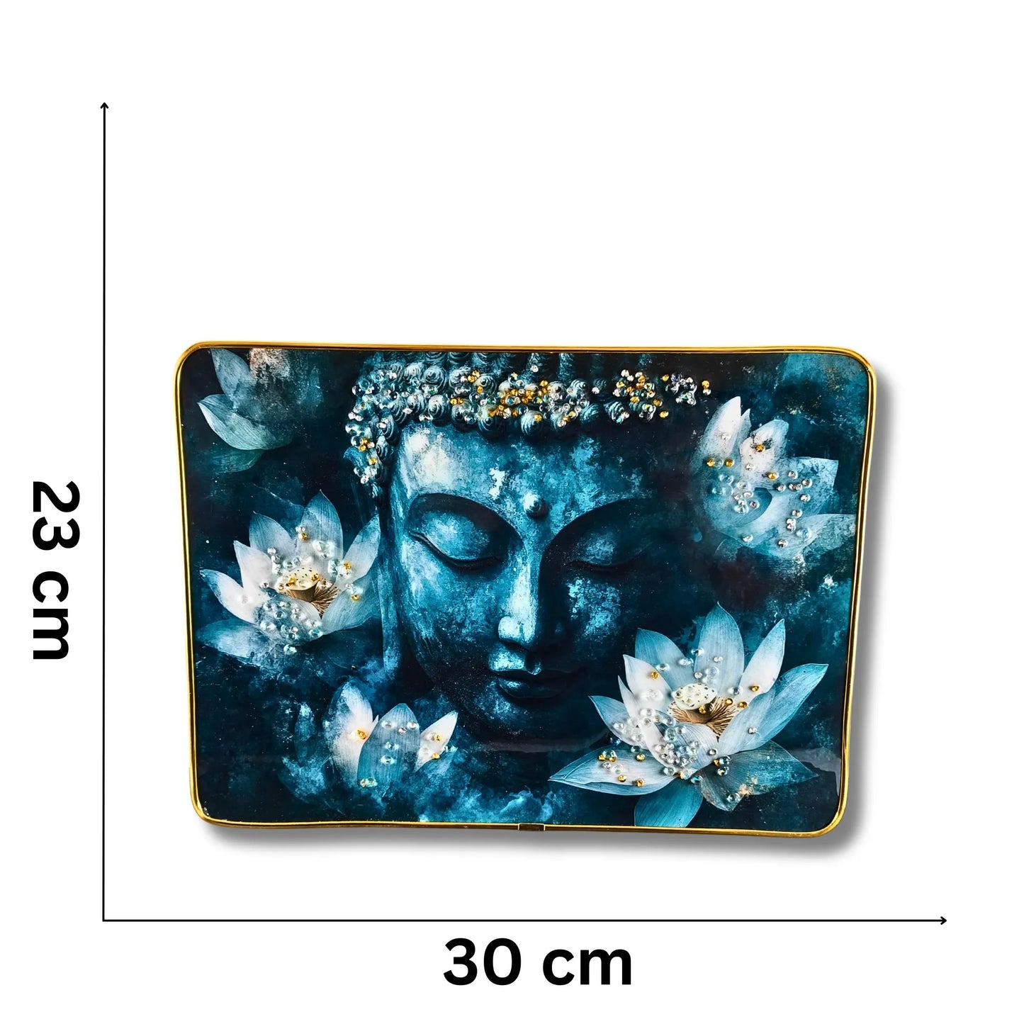 Decorative plate with Buddha face and lotus flowers, shown with dimensions on a white background.