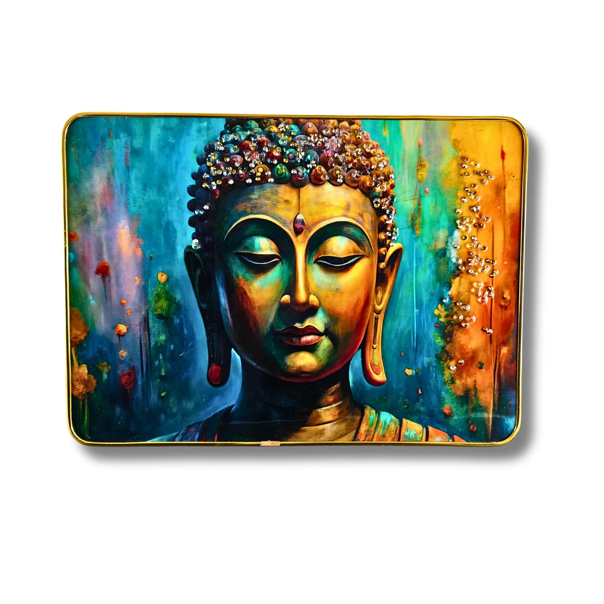 Colorful painting of a Buddha figure with a vibrant background