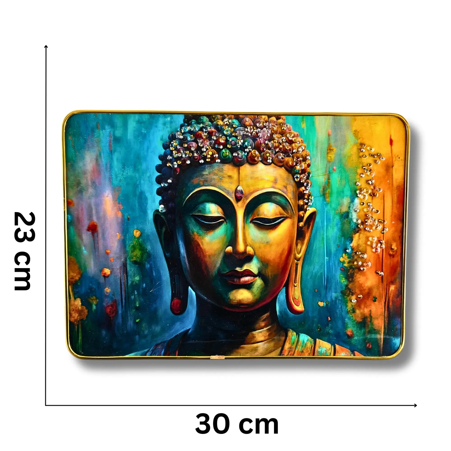 Colorful depiction of a Buddha figure with dimensions indicated on a white background