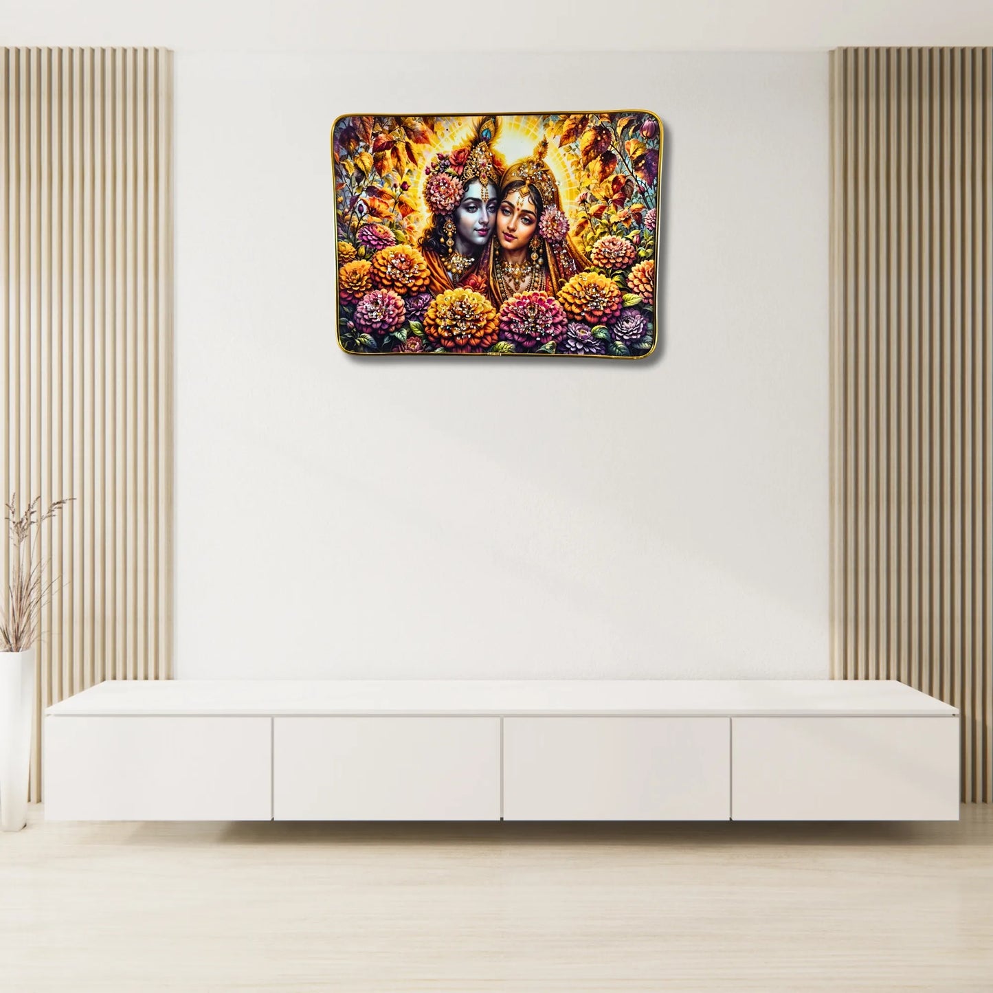 Radha Krishna & Ganesh Wall Frame Set of 2 | Modern Religious Frames for Living Room, Temple & Gift