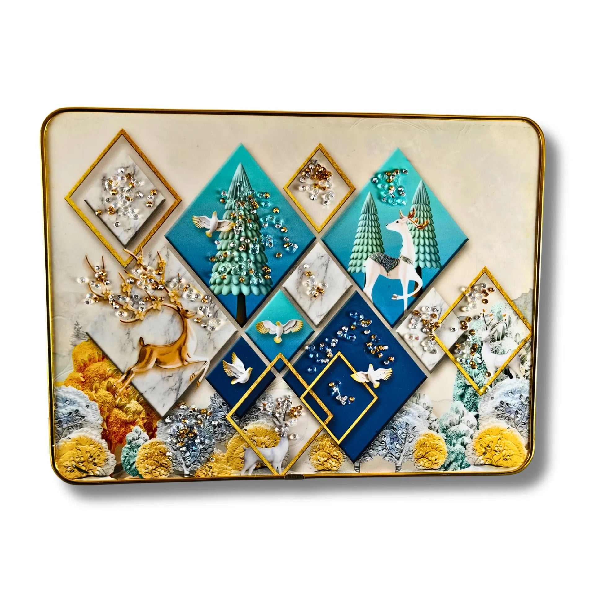 Decorative tray with geometric design featuring animals and nature elements on a white background