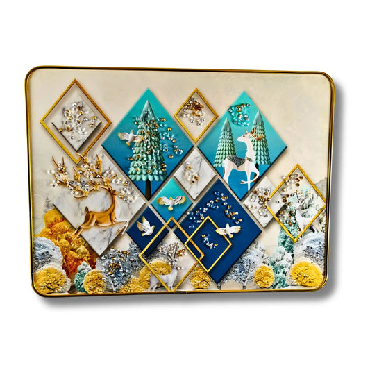 Decorative tray with geometric design featuring animals and nature elements on a white background