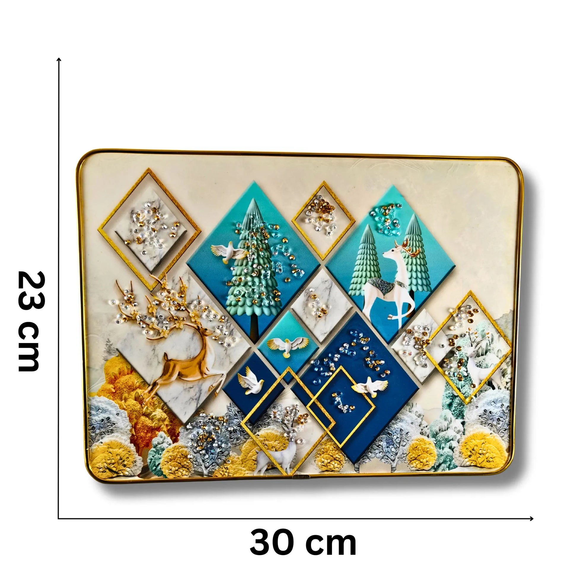 Decorative plate with geometric design and measurements on a white background