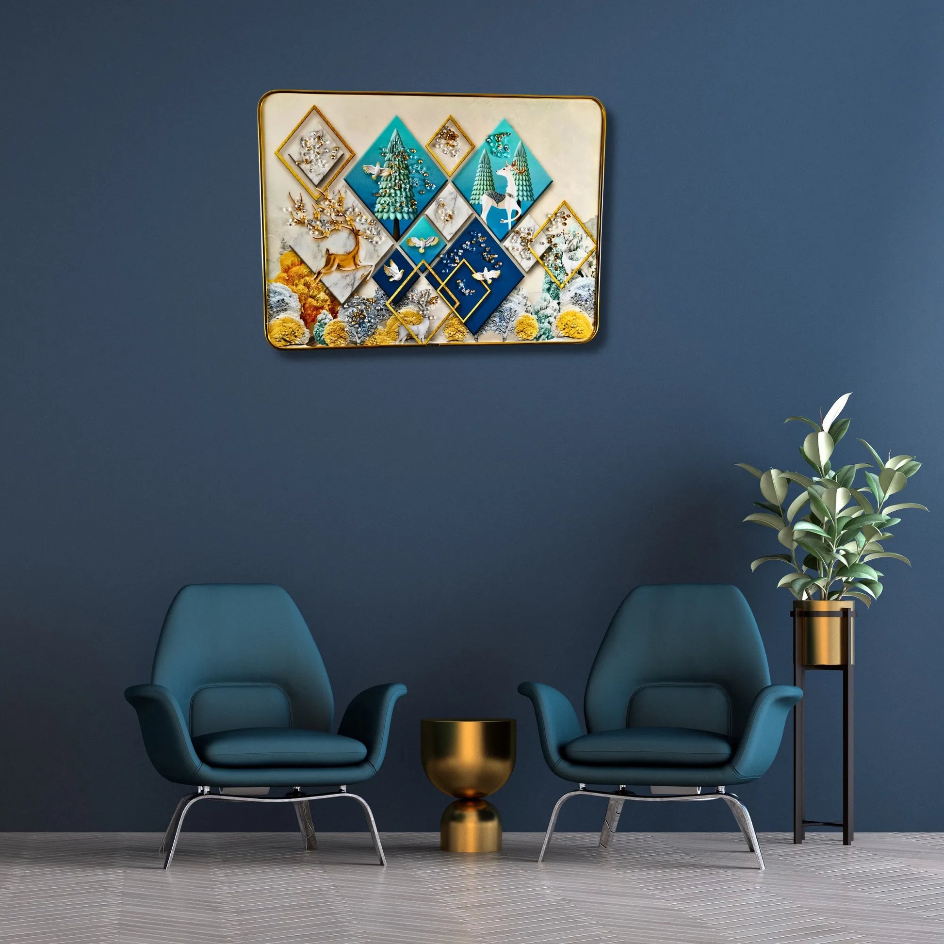 Two blue chairs in a room with a decorative wall piece and a plant.