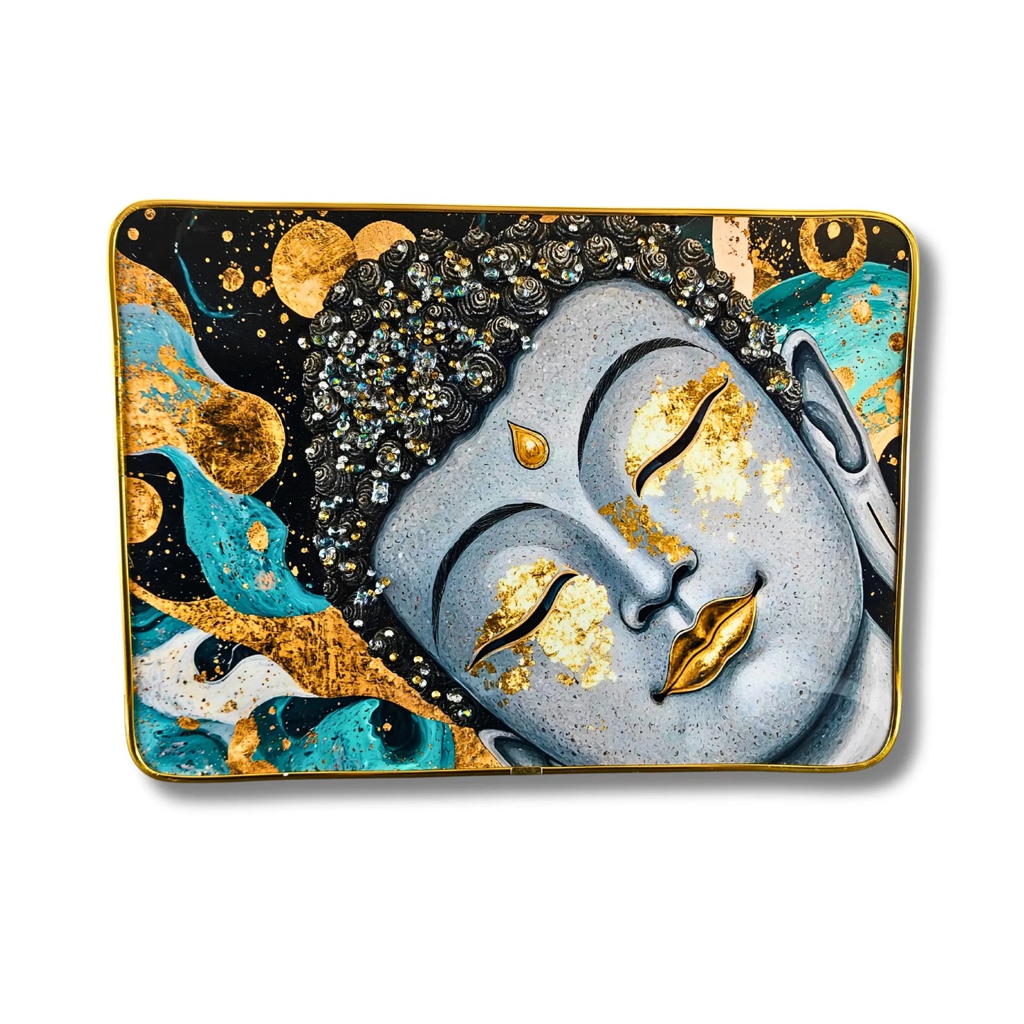 Decorative tray with artistic design of a face, gold accents, and abstract elements on a white background