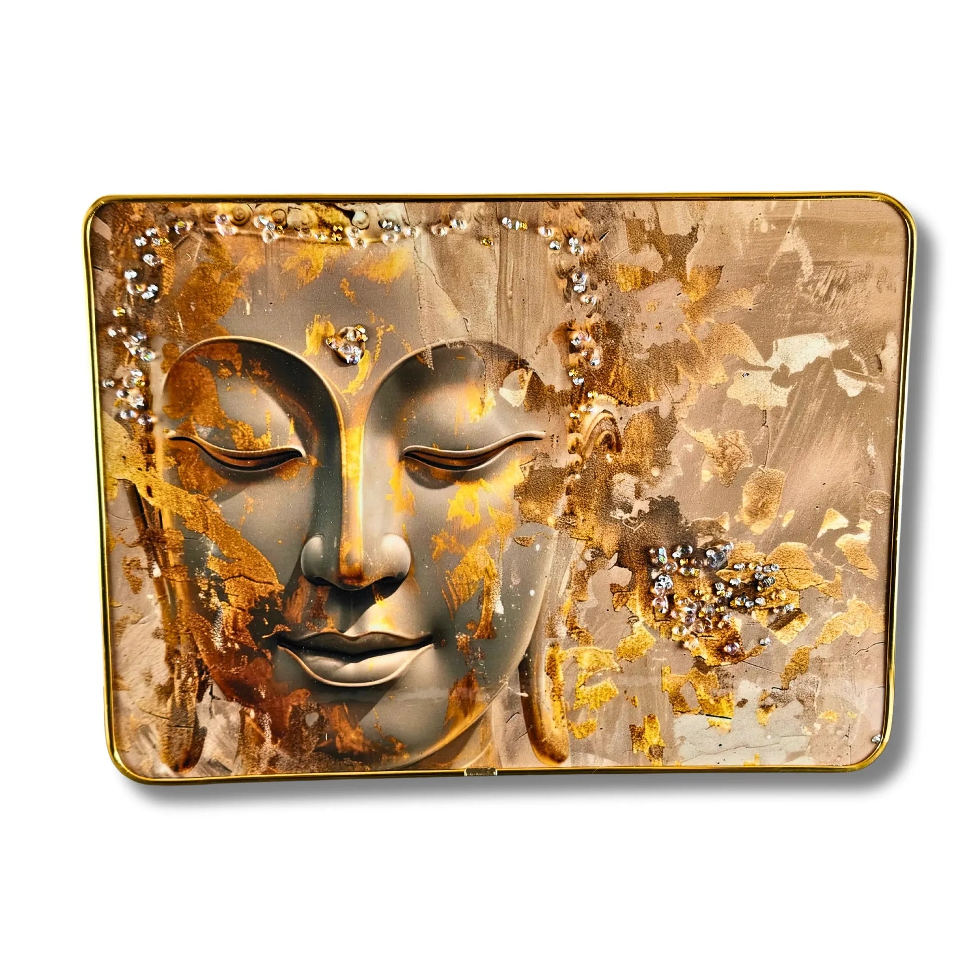 Decorative panel with Buddha face design on a textured background