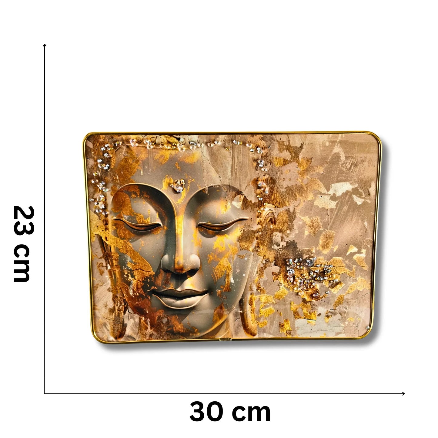 Decorative wall art of a Buddha face with gold and brown tones, shown with dimensions on a white background.