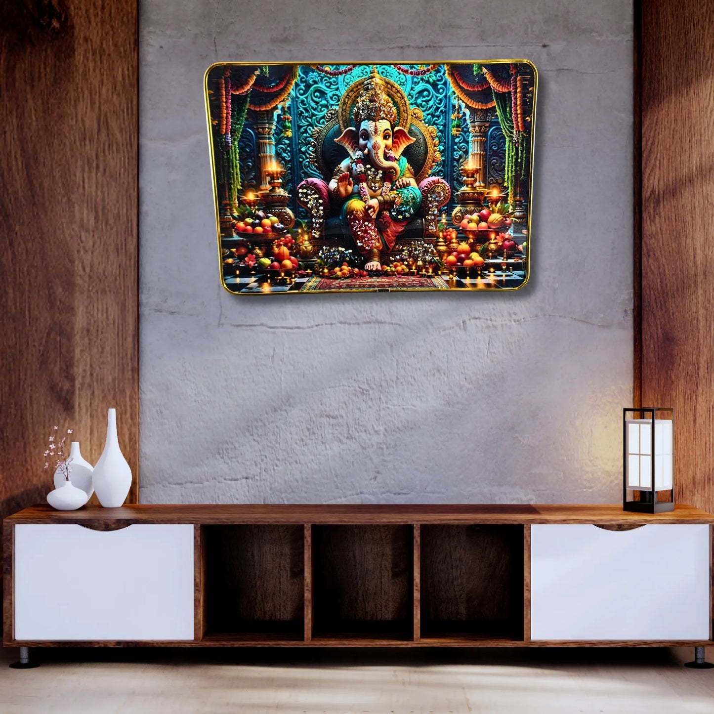 Radha Krishna & Ganesh Wall Frame Set of 2 | Modern Religious Frames for Living Room, Temple & Gift