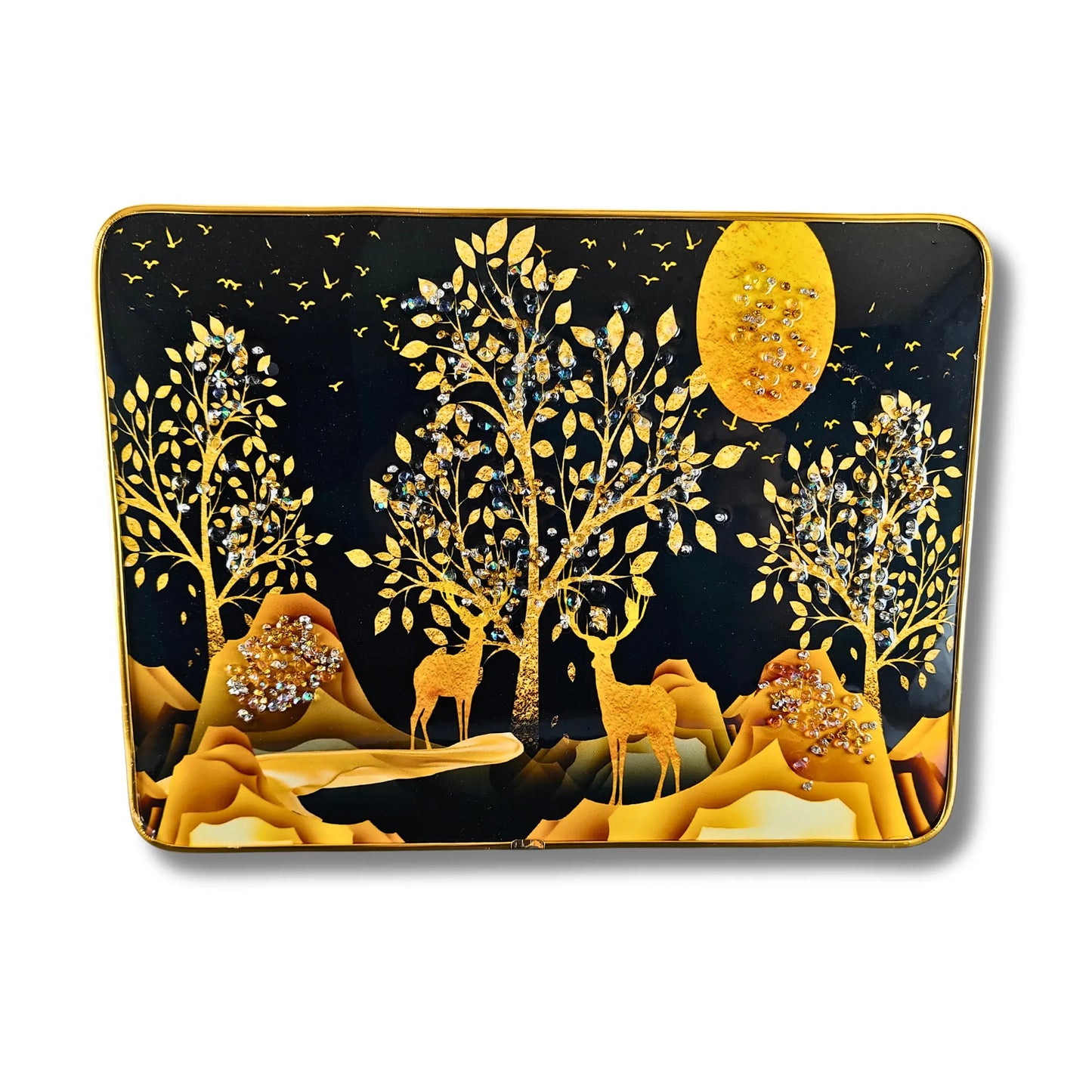 Decorative tray with gold tree and deer design on a black background