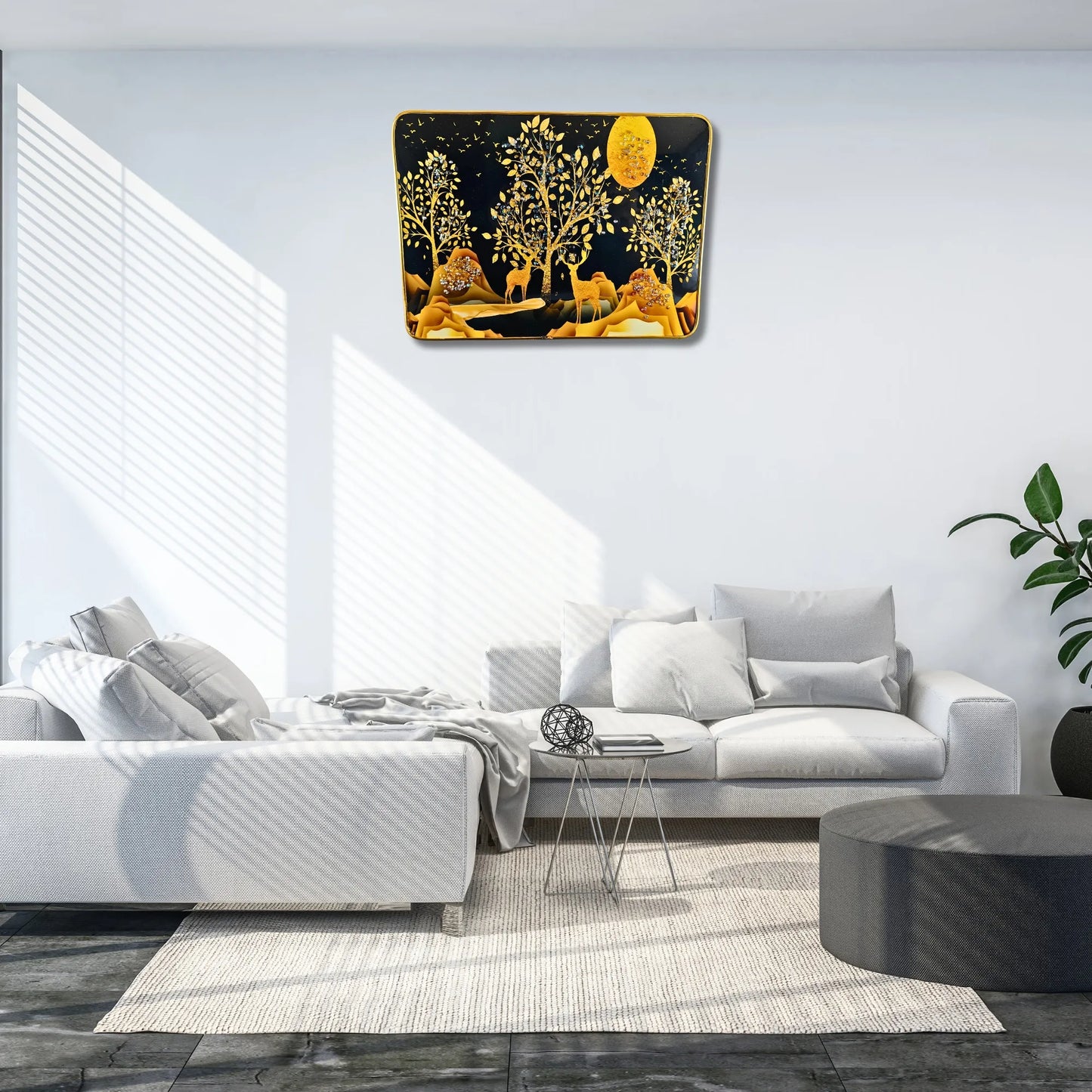 Modern living room with a white sofa and decorative wall art.