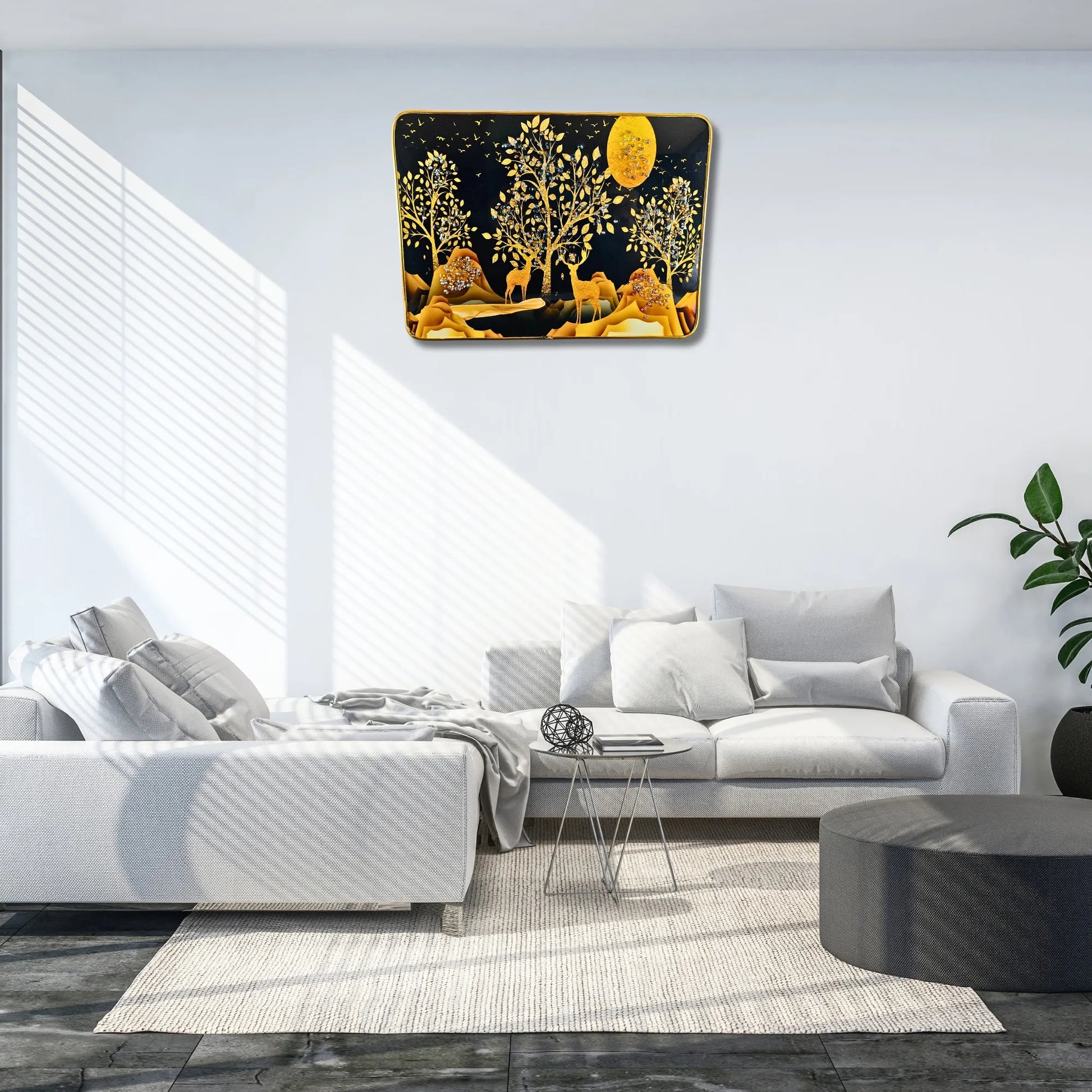 Modern living room with a white sofa and decorative wall art.