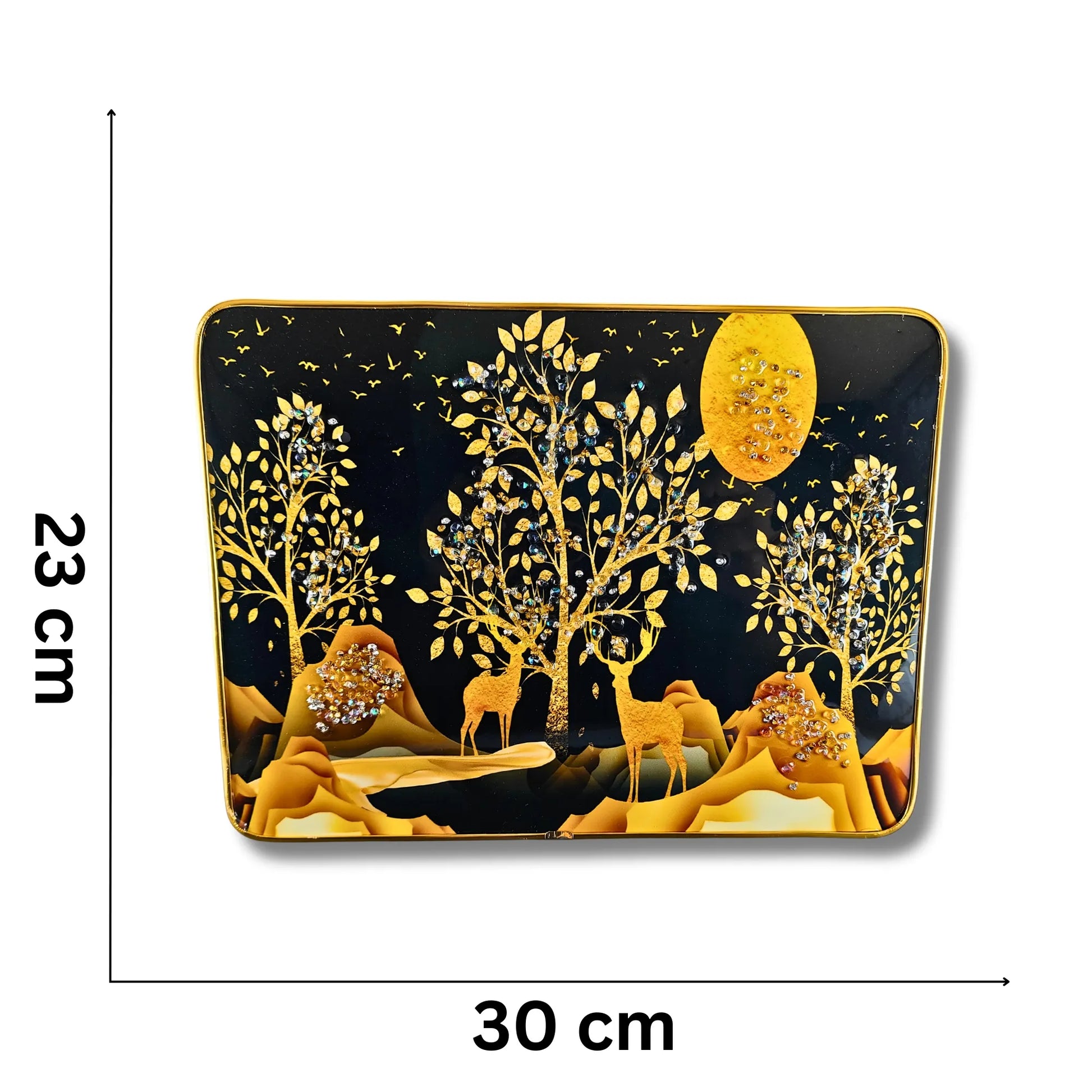 Decorative plate with nature design and measurements on a white background