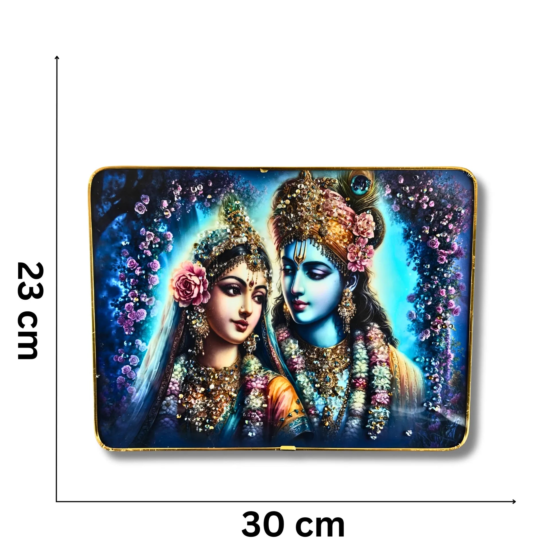 Decorative mat with artistic depiction of two figures, measurement details on a white background