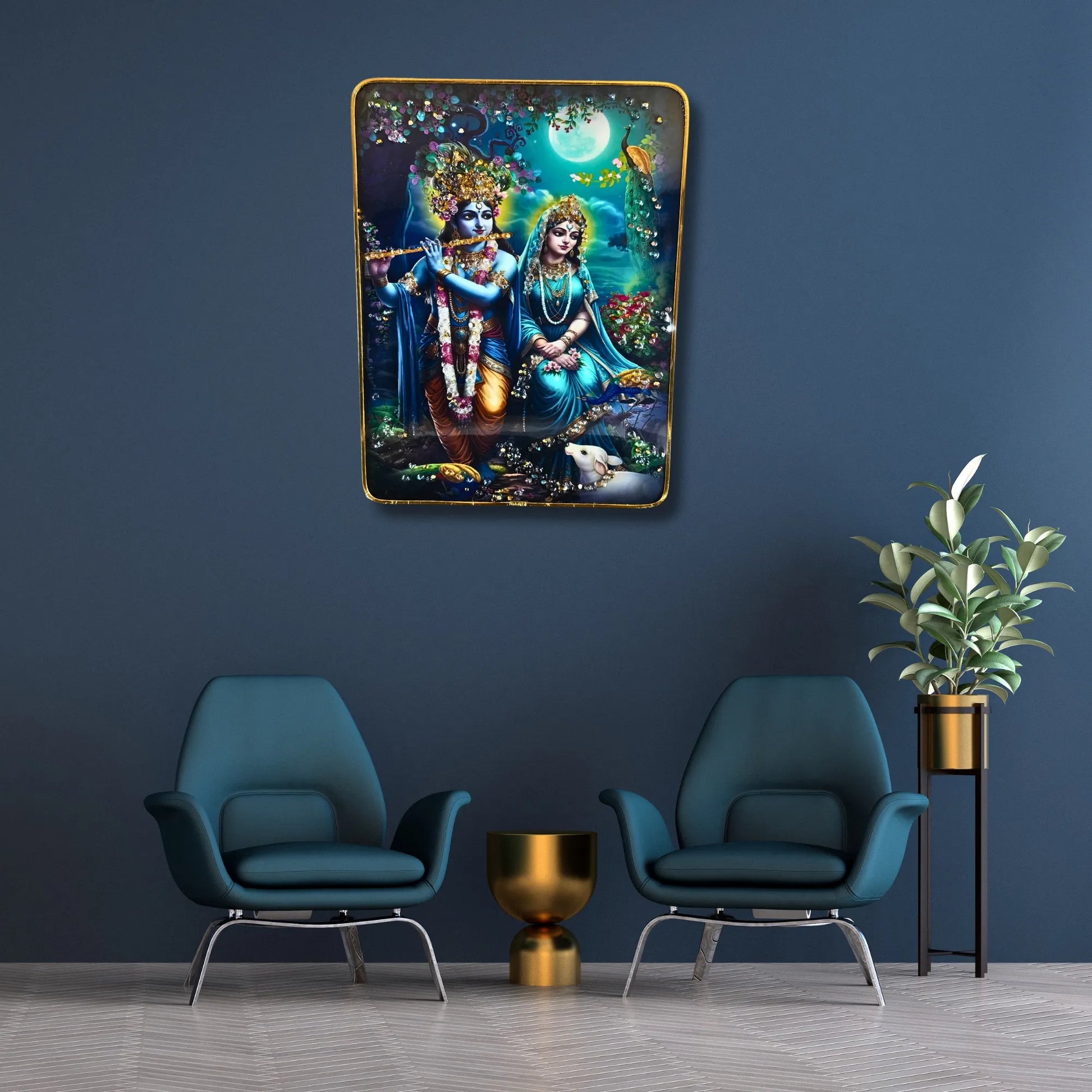 Decorative wall art of deities in a modern living room with blue walls and furniture.