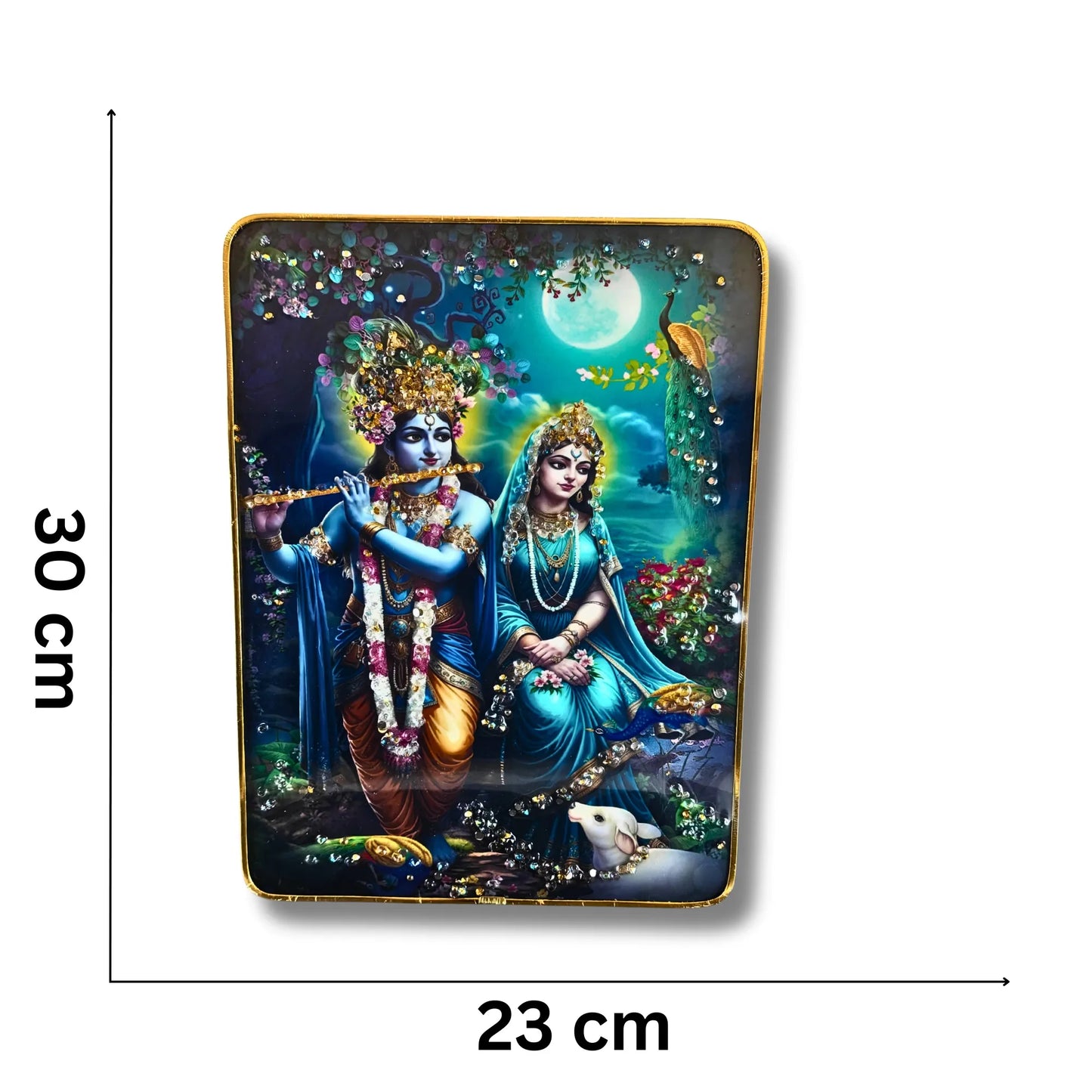 Decorative panel with artistic depiction of two figures, measurement details on the sides.