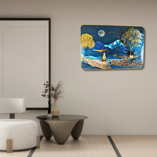 Premium Midnight Mountain Lake 3D Wall Art – Modern Abstract Night Scenery with Crystal & Glitter Work (45x30 cm)