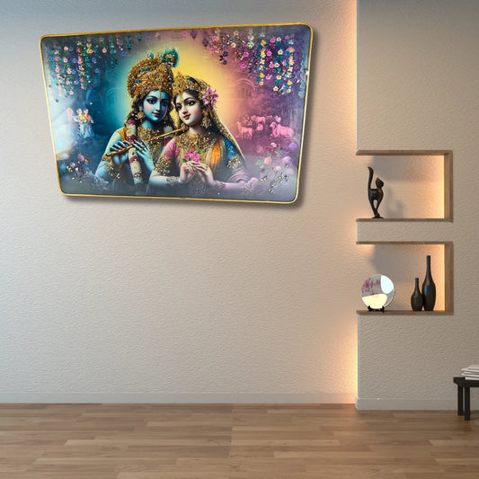 Premium Radha Krishna Vrindavan Love 3D Wall Art - Large Spiritual Scenery with Crystal & Glitter Work (45x30 cm)