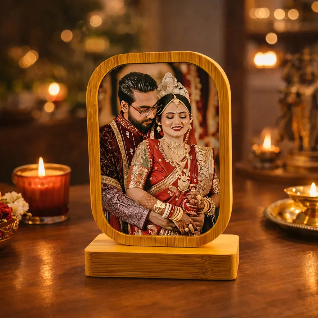 Wooden photo frame with a couple in traditional attire on a wooden surface with candles and flowers.