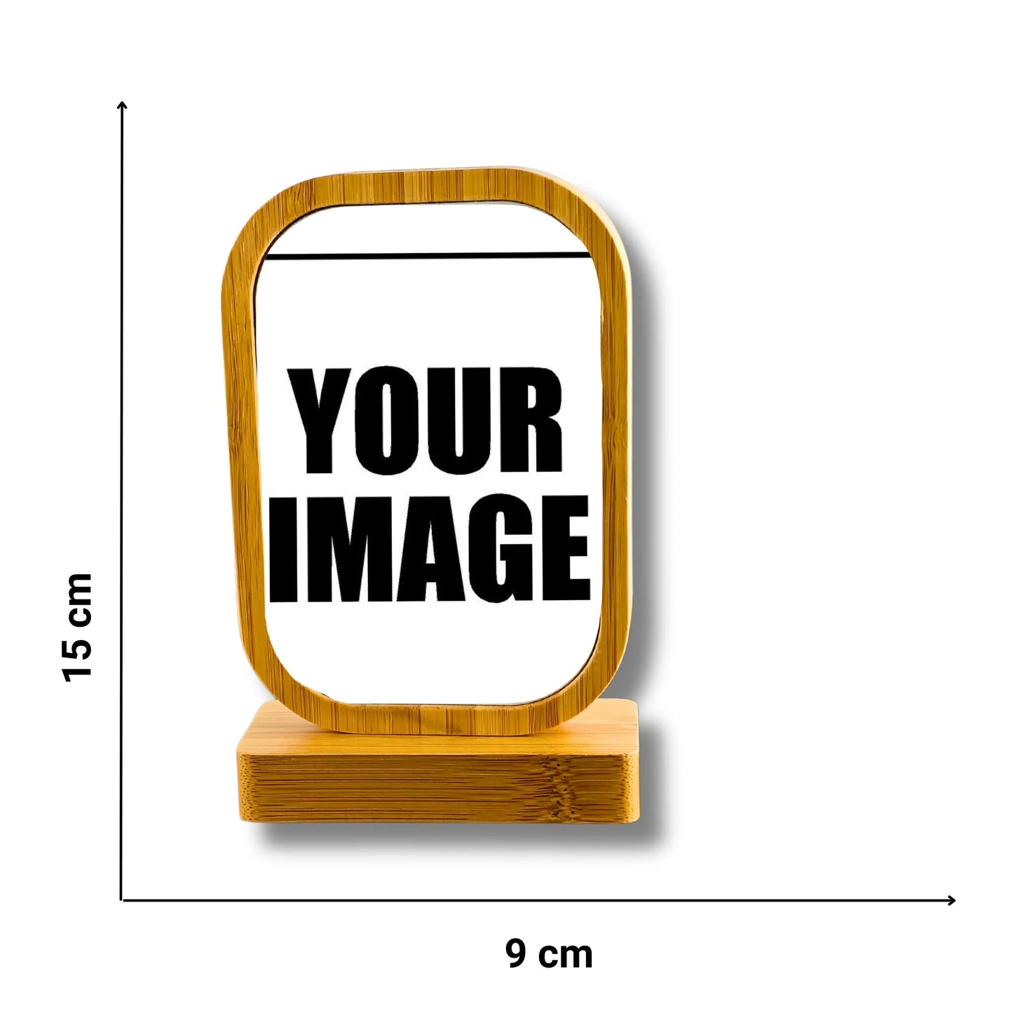 Wooden photo frame with dimensions on a white background