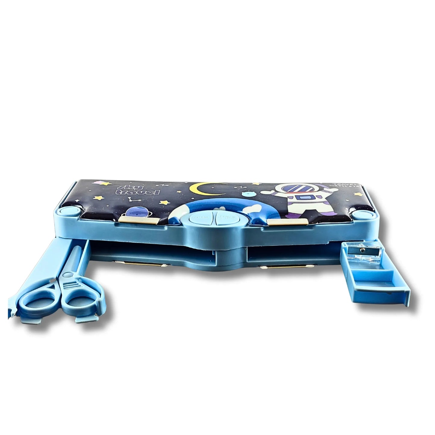 2-Sided Magnetic Pencil Box for Kids with Sharpener & Scissor | Space Theme Multipurpose Stationery Box