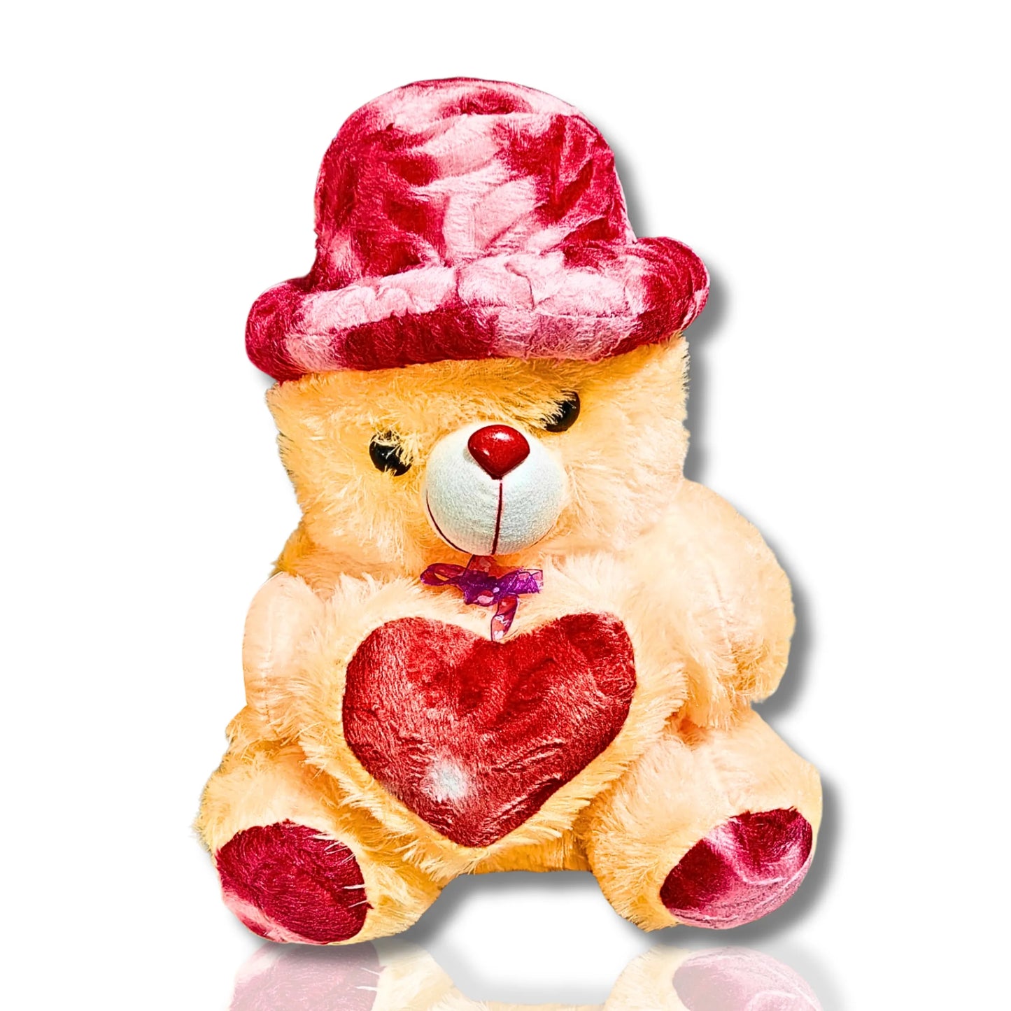 Peach Teddy Bear with Red Heart & Velvet Red Hat | Soft Plush Teddy Bear Toy for Kids, Girlfriend, Birthday & Valentine's Gift