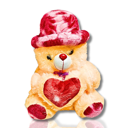Peach Teddy Bear with Red Heart & Velvet Red Hat | Soft Plush Teddy Bear Toy for Kids, Girlfriend, Birthday & Valentine's Gift