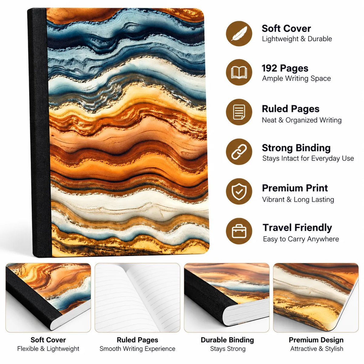 Agate Marble Wave Notebook – 192 Pages | A5-Style Compact Ruled Notebook