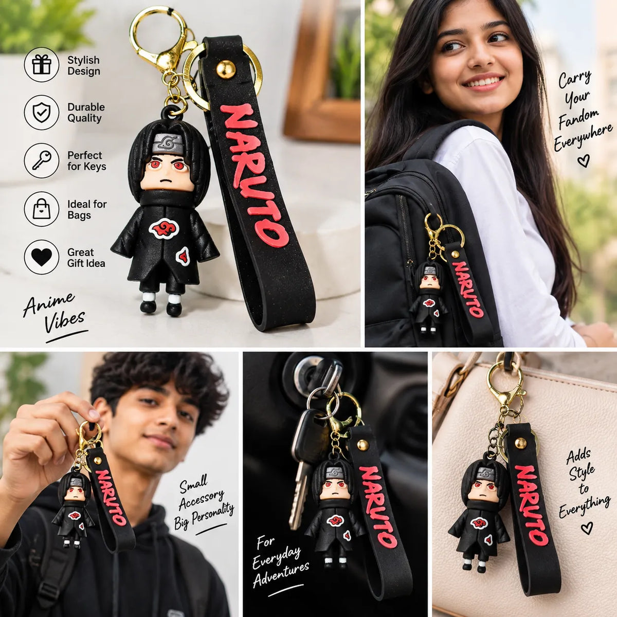 Anime Ninja Character Keychain with Black Strap | Anime Keyring