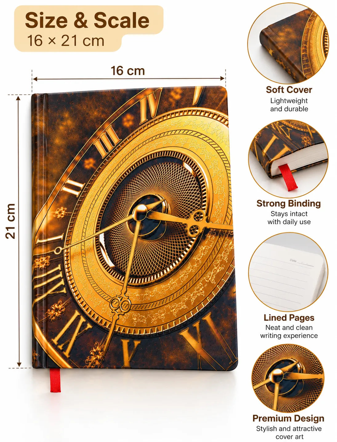 Antique Golden Clockwork Hardcover Ruled Notebook – 16 × 21 cm
