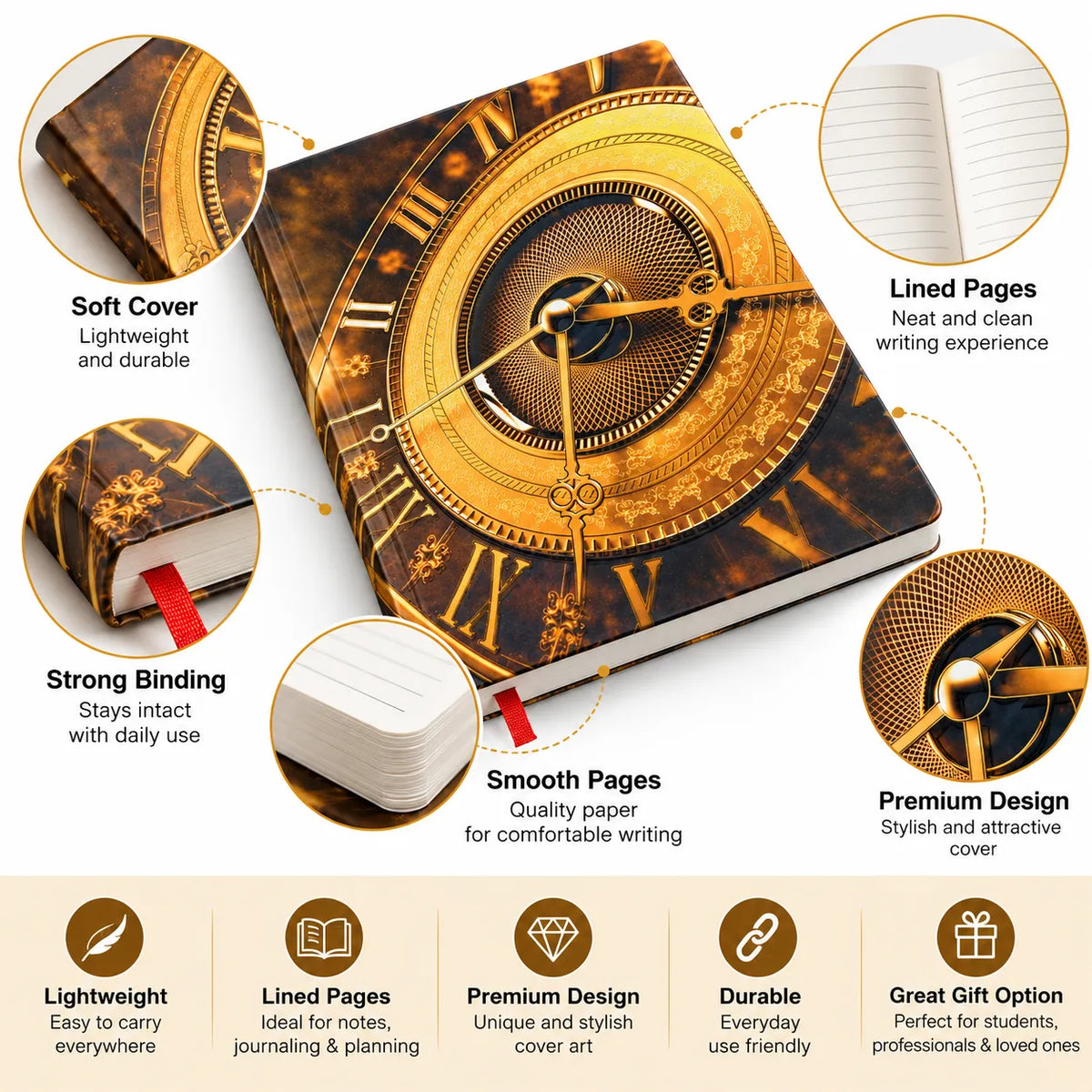 Antique Golden Clockwork Hardcover Ruled Notebook – 16 × 21 cm