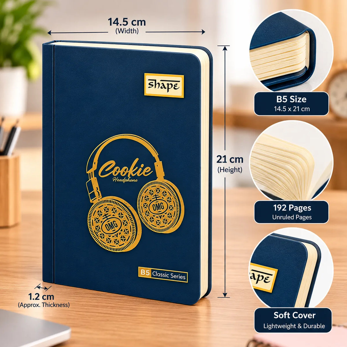 Shape B5 Classic Series – Cookie Headphone Golden Design Unruled Notebook, 192 Pages