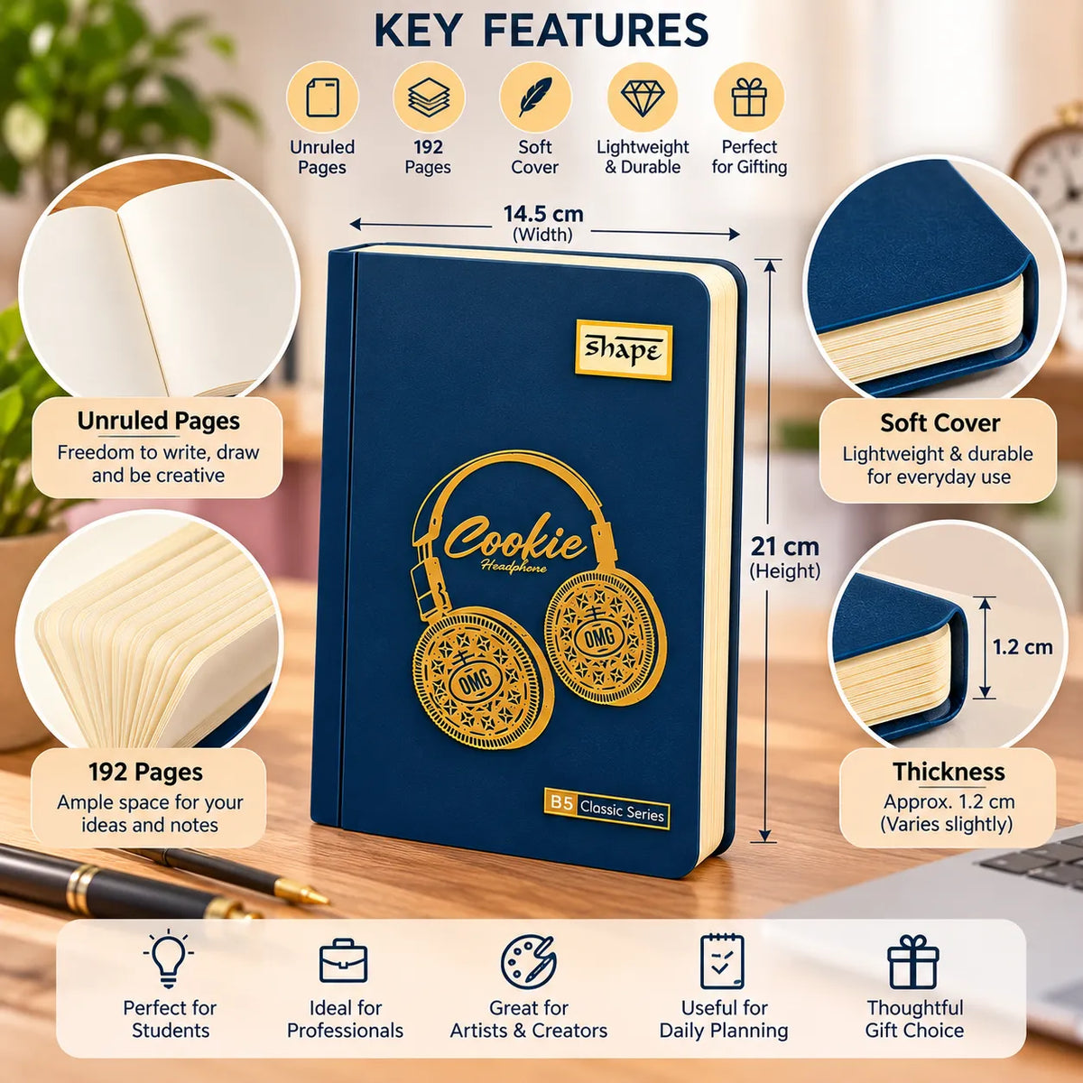 Shape B5 Classic Series – Cookie Headphone Golden Design Unruled Notebook, 192 Pages
