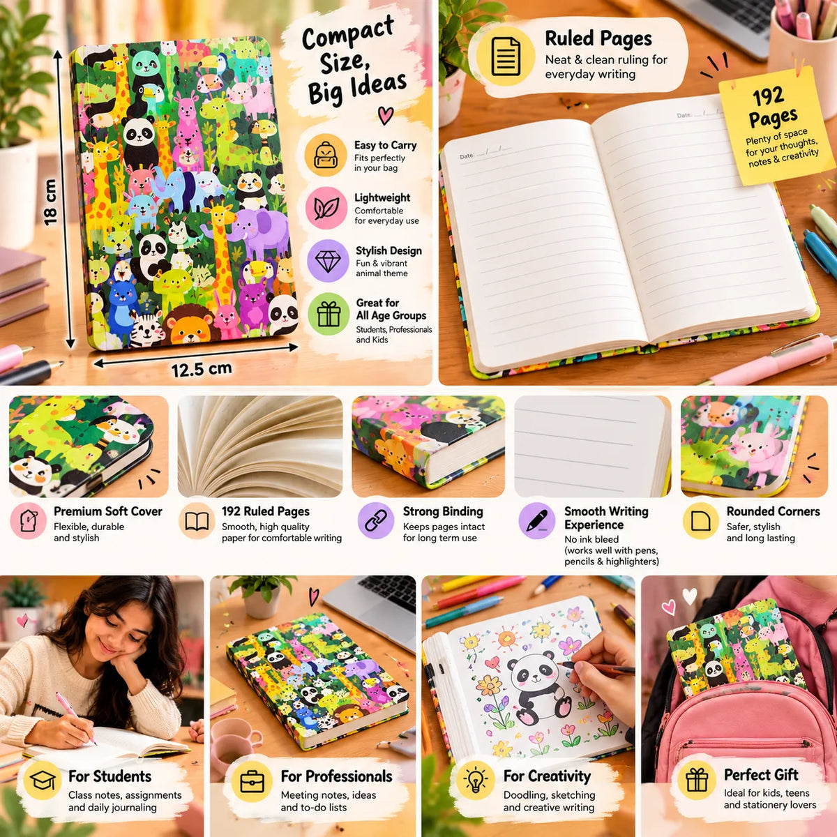 BE WILD Colorful Animal Notebook – Soft Cover Ruled Diary, 192 Pages, 18 × 12.5 cm