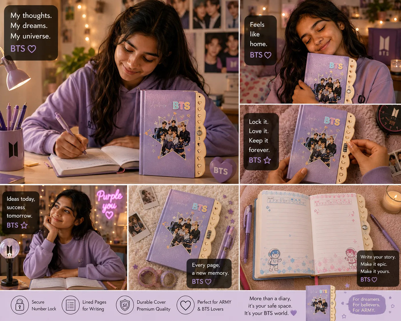 BTS Lock Diary 12 × 15 cm | Cute BTS Notebook with Number Lock