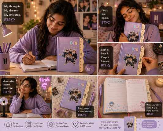 BTS Lock Diary 12 × 15 cm | Cute BTS Notebook with Number Lock