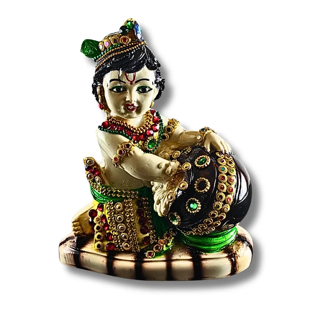 White Makhan Chor Krishna Idol | Decorative Baal Gopal Statue with Gemstone Detailing