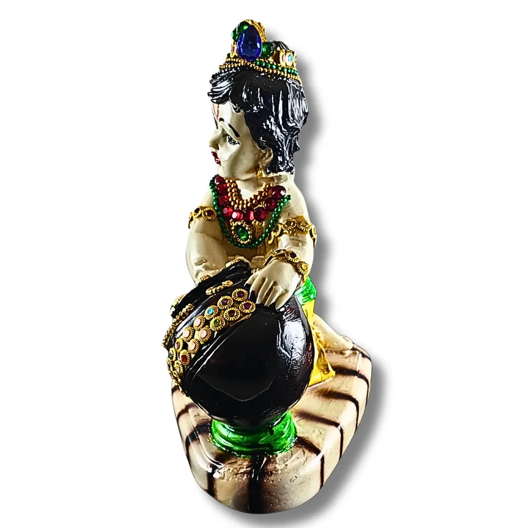 White Makhan Chor Krishna Idol | Decorative Baal Gopal Statue with Gemstone Detailing
