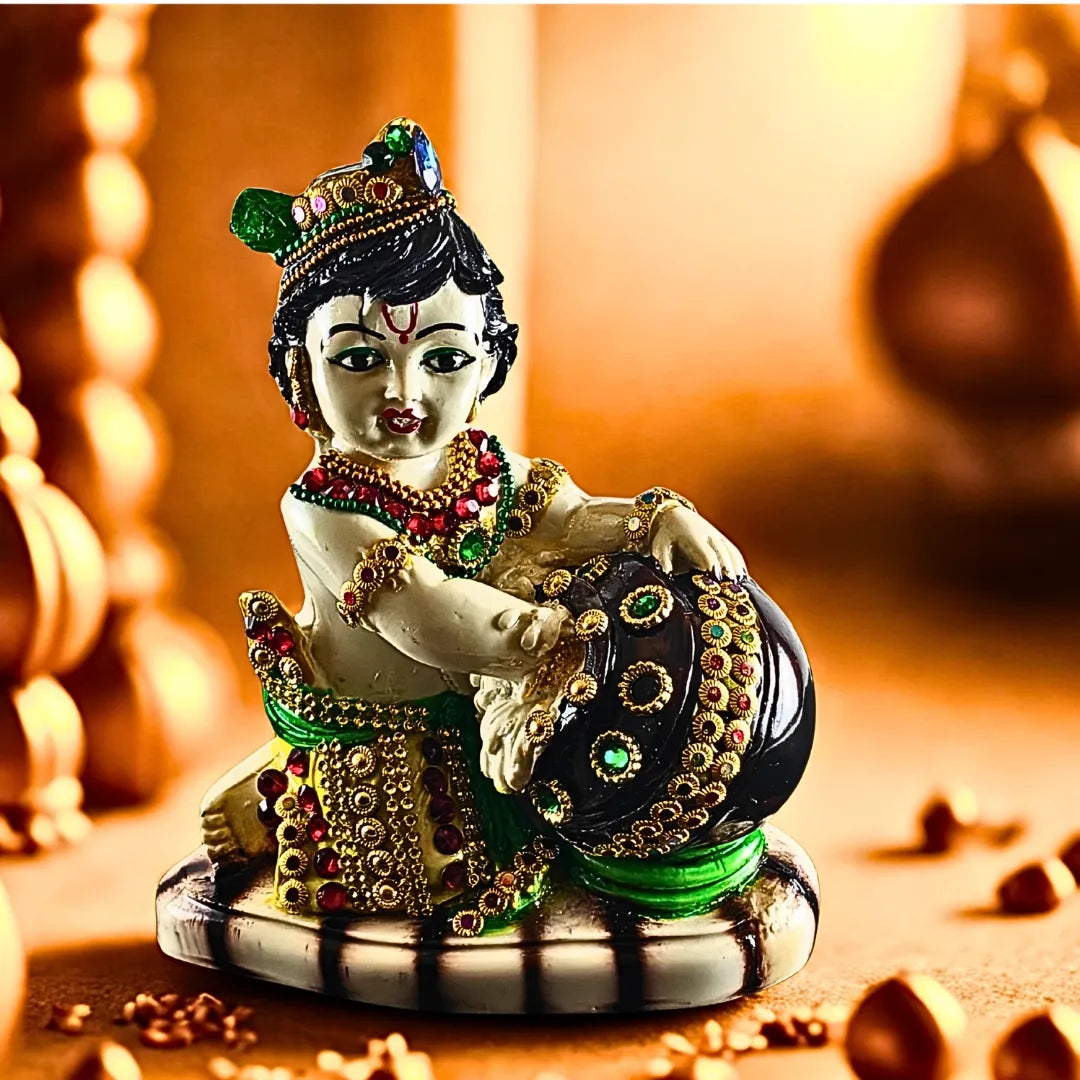White Makhan Chor Krishna Idol | Decorative Baal Gopal Statue with Gemstone Detailing