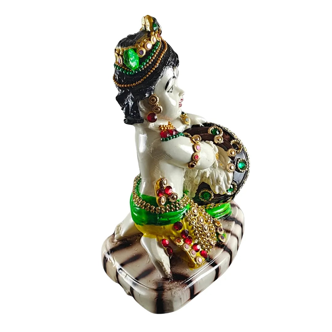 White Makhan Chor Krishna Idol | Decorative Baal Gopal Statue with Gemstone Detailing