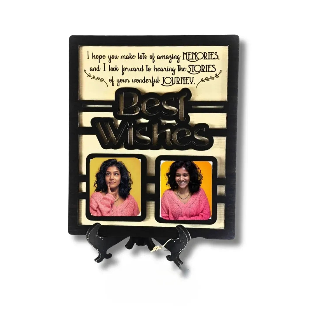 Personalized photo frame with 'Best Wishes' and two photos of a woman on a white background