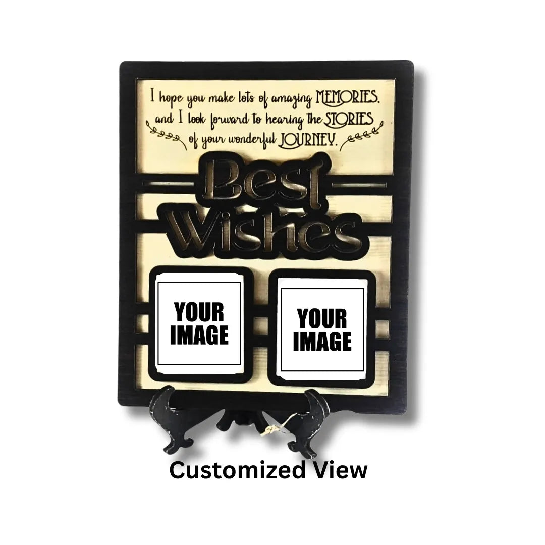 Decorative plaque with 'Best Wishes' and customizable photo frames on a stand.