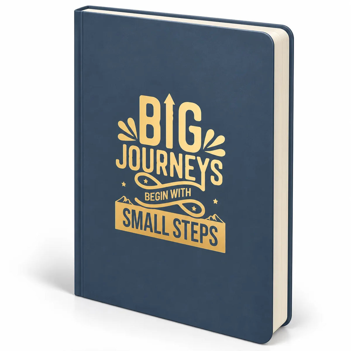 A hardcover notebook or journal with a navy blue cover and gold foil-style text reading 'BIG JOURNEYS BEGIN WITH SMALL STEPS,' shown on a clean white background.