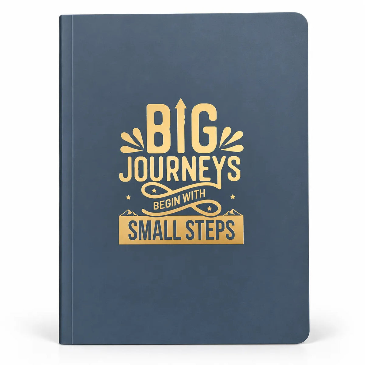 A navy blue hardcover notebook with a gold foil-style graphic on the front that reads 'BIG JOURNEYS BEGIN WITH SMALL STEPS' on a clean white background.